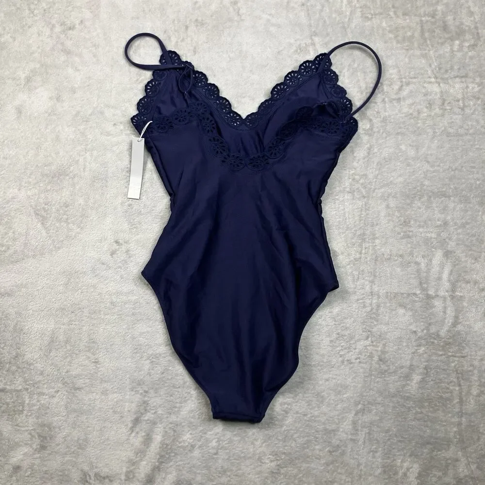J Crew Eyelet Lana One-Piece Womens 8 Navy Blue Classic Sculpt CS552 Resort